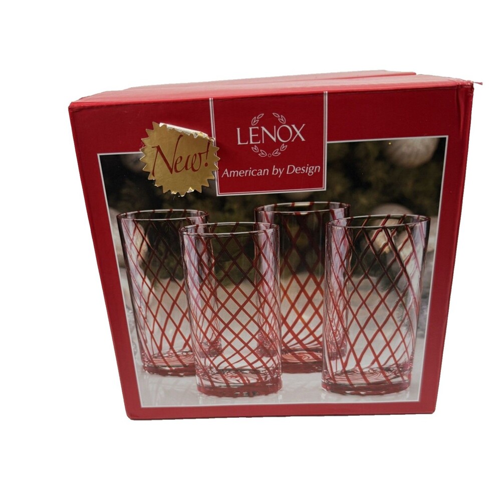 Lenox Holiday Jewel Red Stripe 6 1/8'' Tall Highball Glasses Set Of 4 BOX rare